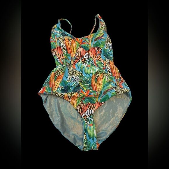 Green and Orange One Piece Swimwear with Tropical Print - Picture 1 of 5